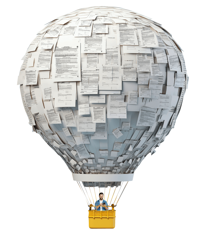 Illustration of a real estate professional in a hot air balloon made of paper mortgage documents